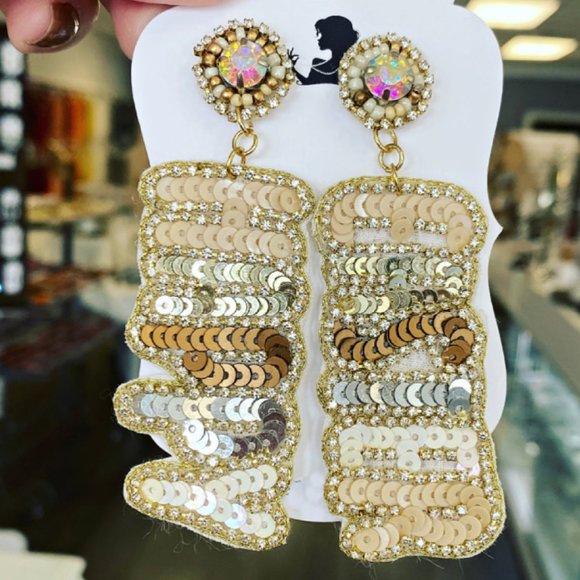 Happy Easter Sequin Seed Beaded Rhinestone Sparkle Neutral Shades Earrings NEW - Picture 2 of 5